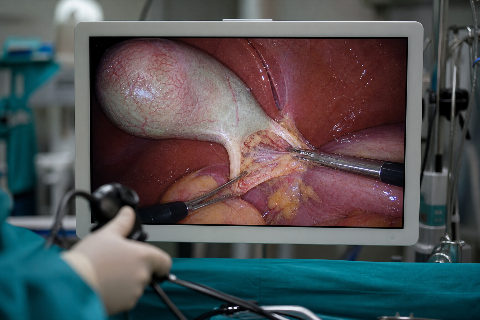 Laparoscopic monitor showing gallbladder and biliary dissection anatomy