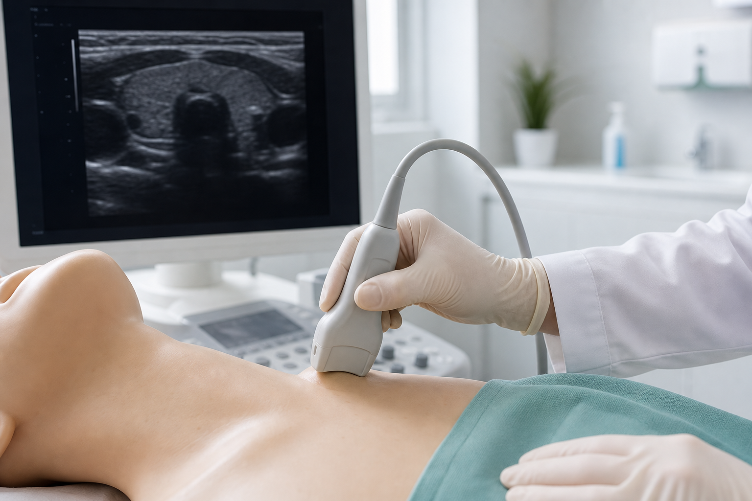 Clinician performing transverse thyroid ultrasound in a training setting
